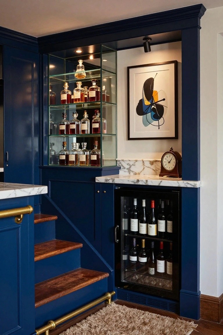 Navy blue built-in cabinetry with glass shelves displaying liquor bottles, under-counter black wine refrigerator, marble countertop with clock, abstract wall art, and wooden stairs in a home interior.