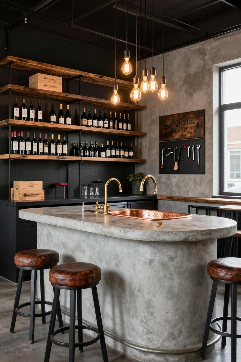 Interior view of an industrial-style home bar with multi-tiered wood shelves on metal frames stocked with red wine bottles, a concrete oval countertop, copper sink, gold faucet, leather stools, and tool pegboard on the wall.