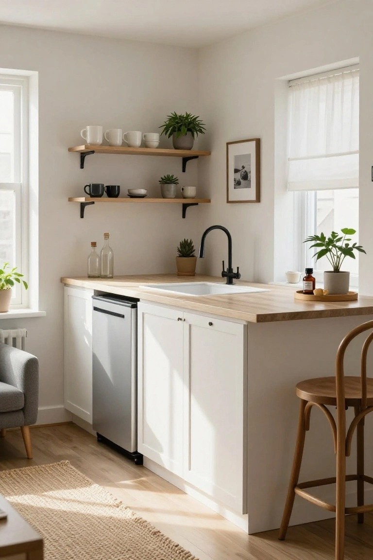 White kitchen corner with oak countertop peninsula, black gooseneck faucet over white sink, stainless dishwasher, single wooden bar stool at counter end, floating wood shelves holding white mugs plants and ceramics, sheer curtained window, gray armchair nearby on wood floor.