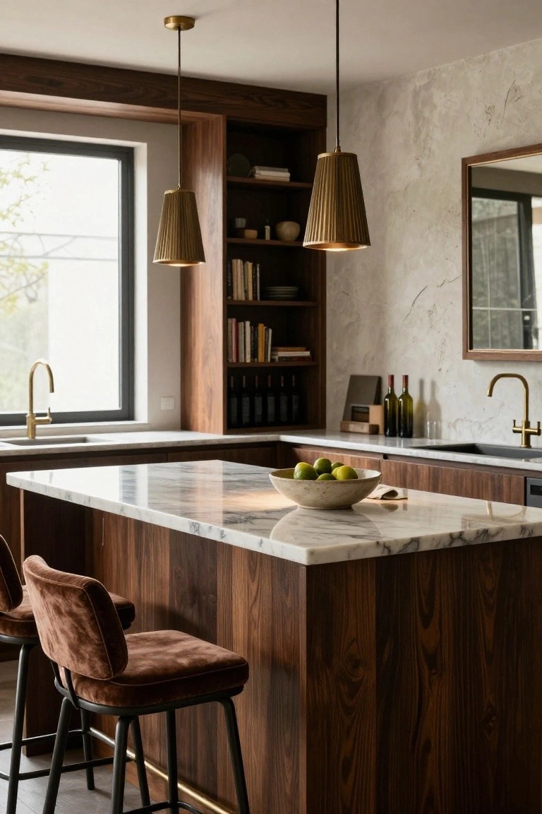 Modern kitchen with central marble-topped island on walnut cabinets, two brown velvet bar stools, gold pendant lights, brass faucets, open shelves with books and bottles, and a large window.