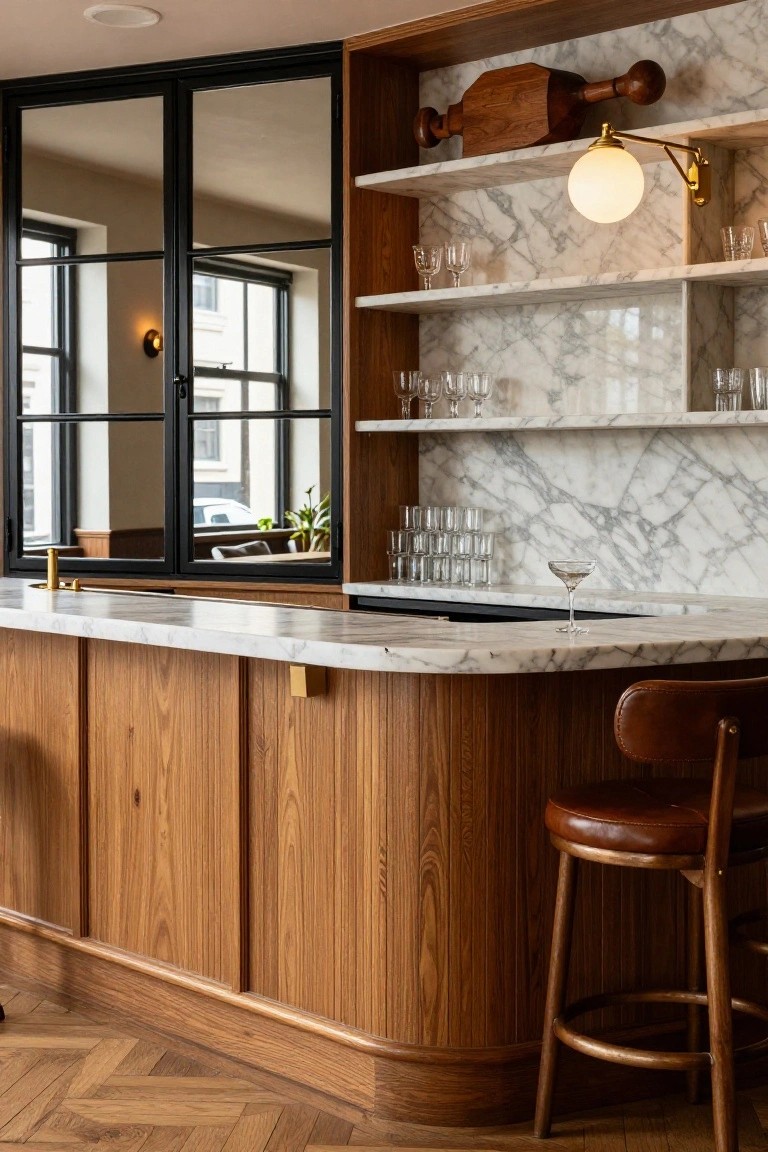 Curved wooden bar counter with white marble top and backsplash, glassware on marble shelves, wooden decor elements, brass fixtures, leather stool, and black-framed windows in background.