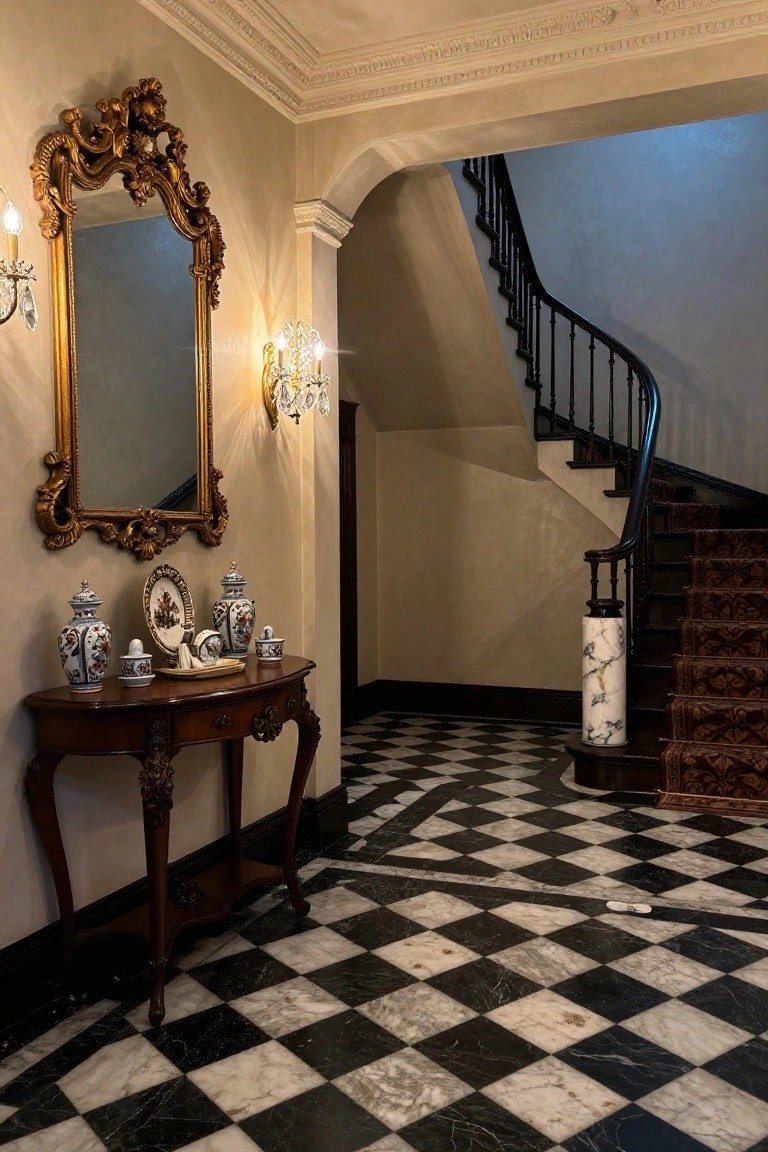 Elegant interior entrance hall with black and white checkered marble floor, gold-framed mirror, wooden console table holding blue and white porcelain vases, wall sconces, and curved dark-wood staircase with red carpet.
