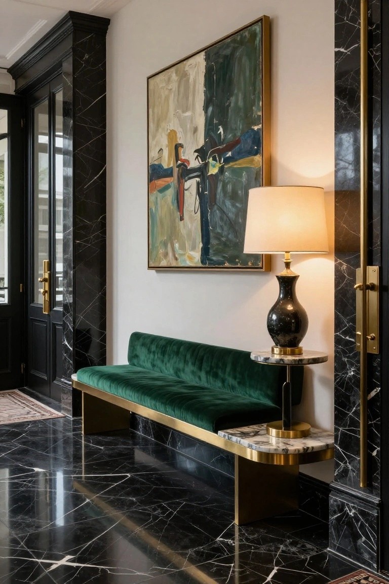 Elegant interior entrance hall with glossy black marble floors, emerald green velvet bench on gold legs, black marble column, gold-based lamp on marble-topped table, abstract painting in gold frame on wall, and black double doors with gold handles.