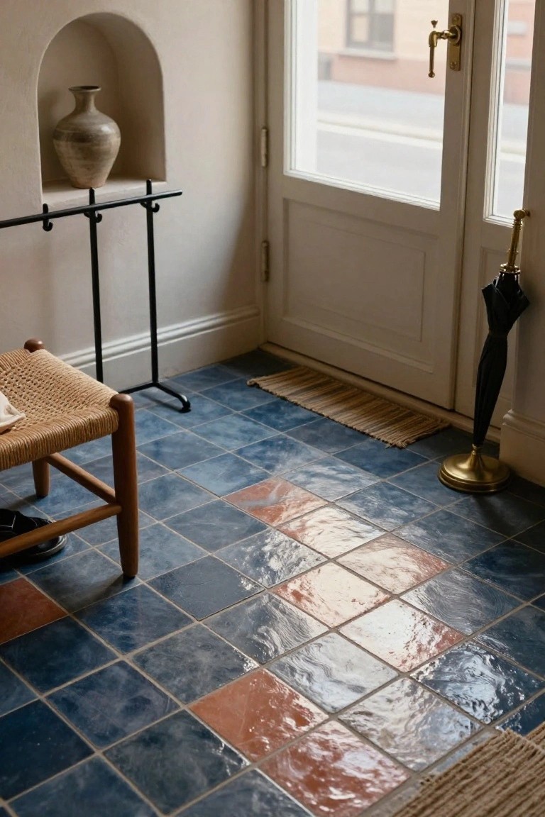 Entryway interior with glossy blue tiles mixed with terracotta tiles on the floor, rattan chair with shoes underneath, black umbrella stand, arched niche holding a beige vase, and woven mats near a white glass door.