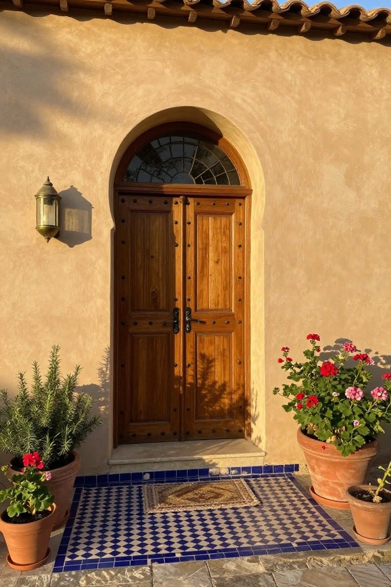 Beige stucco house entrance with arched double wooden doors, brass lantern light, potted rosemary and geraniums, woven door mat, and blue and white patterned tile landing.