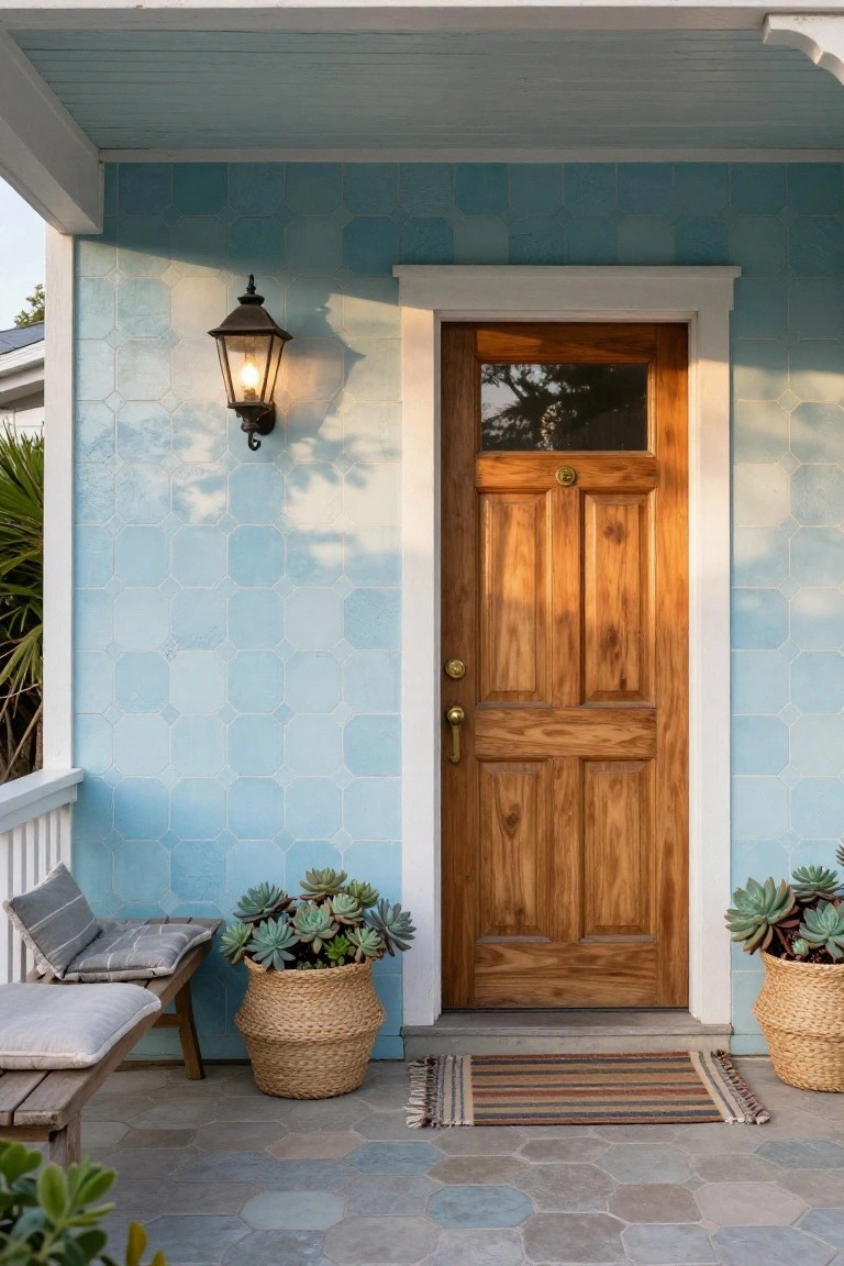 Close-up of a light blue octagonal tiled exterior wall beside a wooden paneled front door on a porch with a wall lantern, potted succulents in woven baskets, wooden bench with cushions, striped welcome mat, and hexagonal tiled floor.