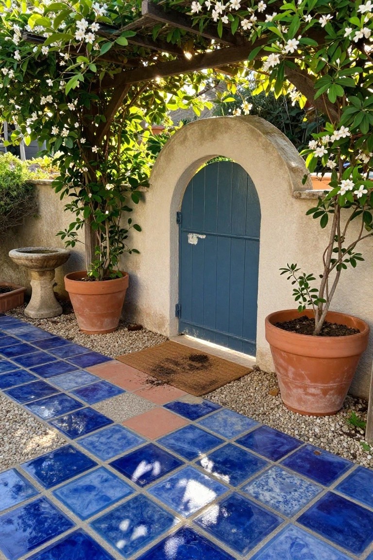 Arched blue wooden gate set in a white stucco wall, with a glossy blue tiled pathway leading to it, flanked by terracotta pots with plants, a birdbath, climbing white flowers on a trellis arch, and gravel borders.