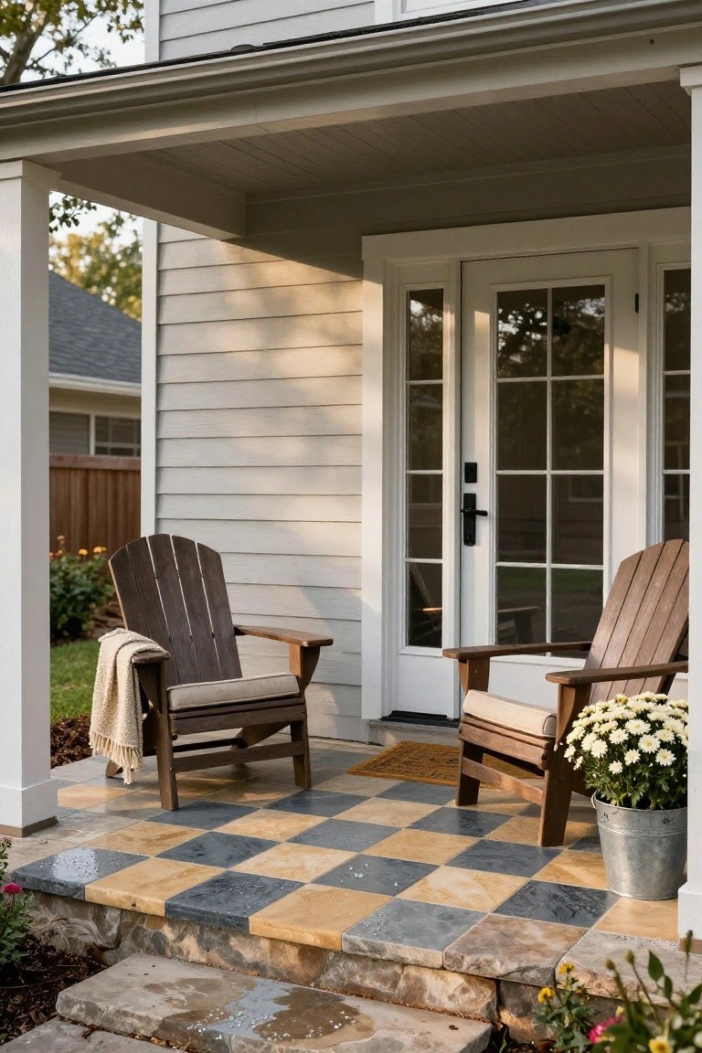 Covered front porch with light tan and dark checkered tile floor, two brown Adirondack chairs with beige cushions and a throw on one, white mum flowers in a metal bucket, white double doors on a light gray house, and steps leading down to a yard.