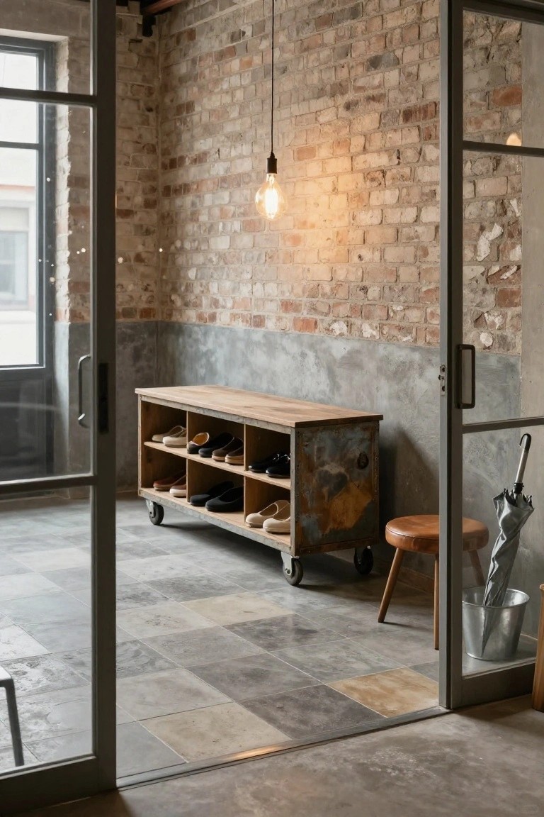 Entryway interior with exposed brick walls, glass doors, wooden rolling shoe bench with cubbies, leather stool, umbrella in metal bucket, and large gray mottled tiles on the floor.