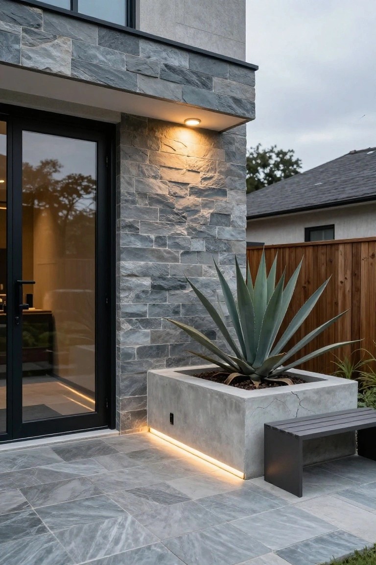 Modern house exterior with black sliding glass door flanked by gray stone wall, concrete planter box containing agave plant, adjacent bench, and large gray veined tiles on the patio floor with edge LED lighting.