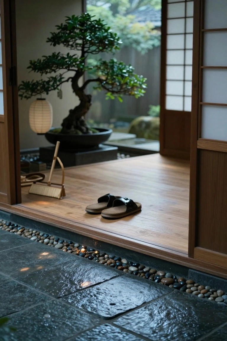 Dark slate tile entrance floor bordered by smooth multicolored river pebbles outside open wooden sliding doors to a Japanese-style interior room with bonsai tree, lantern, broom, and wooden sandals.