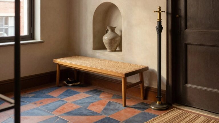 25 Elevated Entrance Tile Ideas That Transform Any Space Entryway interior with glossy blue tiles mixed with terracotta tiles on the floor, rattan chair with shoes underneath, black umbrella stand, arched niche holding a beige vase, and woven mats near a white glass door.