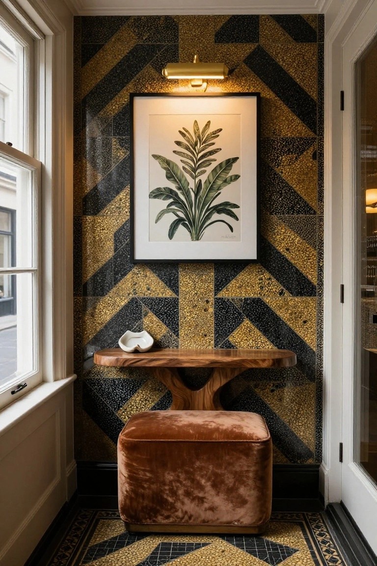 Narrow interior entrance hallway with black and metallic gold geometric patterned tiles on walls and floor, wooden console table holding a white shell dish, orange velvet ottoman stool, framed botanical print, and brass wall sconce beside a window and glass door.