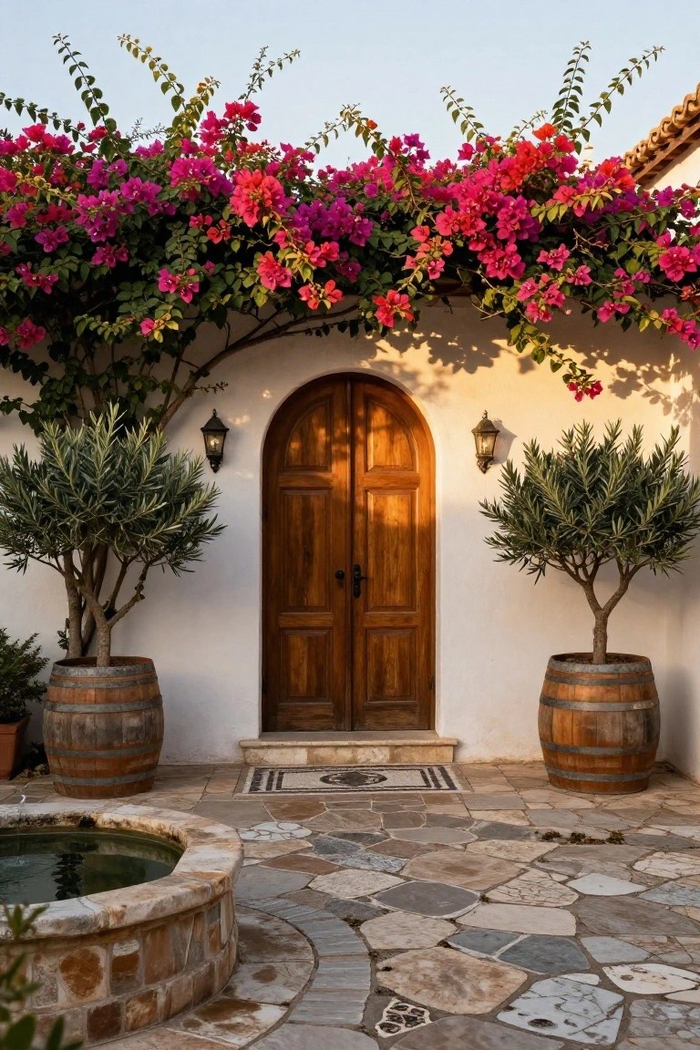 Arched wooden door in white stucco wall flanked by olive trees in wooden barrels, with pink bougainvillea overhead, black and white mosaic tile step, wall lanterns, and stone pathway with fountain.