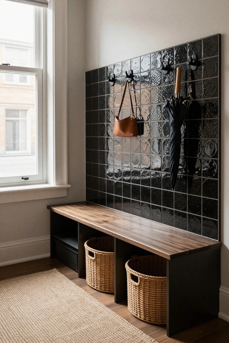 Entryway with black glossy textured tile wall holding hooks for a brown leather handbag and black umbrella, wooden bench with storage cubbies and woven baskets below, next to a white-framed window.