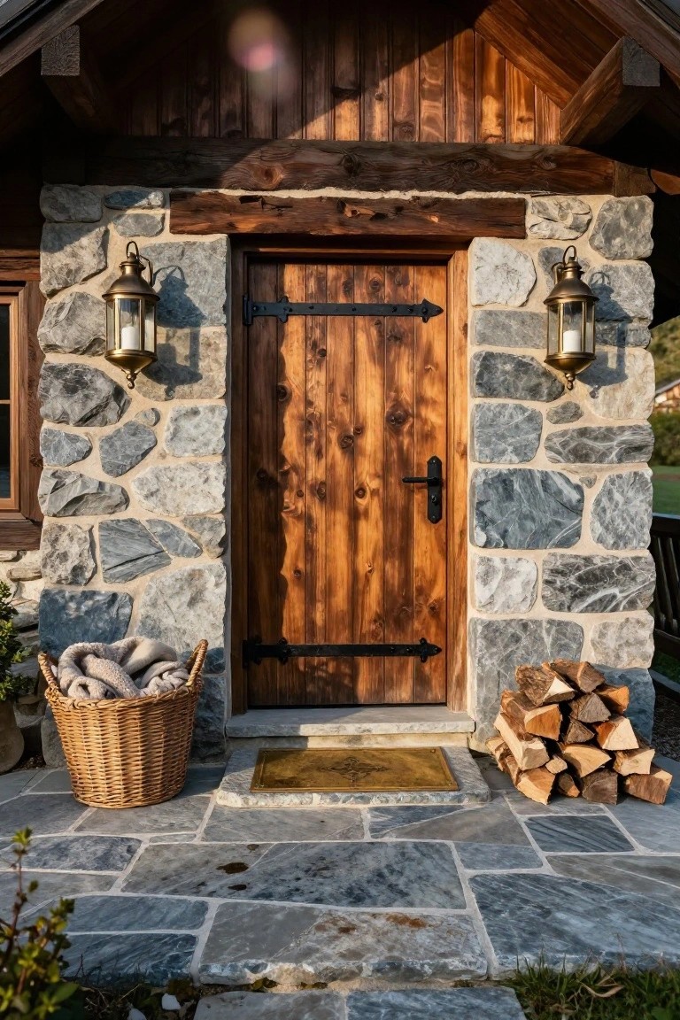 Front entrance of a rustic stone and timber cabin featuring a dark wooden door with black iron hardware, flanked by brass lanterns, a wicker basket of towels on the left, a stack of firewood on the right, and an irregular gray slate tile landing with steps.