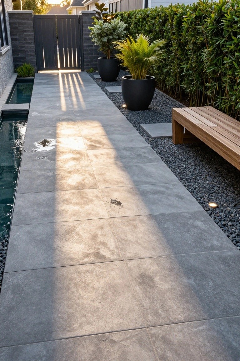 Narrow outdoor pathway of large rectangular gray tiles beside a thin rectangular pool, bordered by dark gravel and potted plants including palms and bamboo, wooden bench at one end, black metal gate ahead.