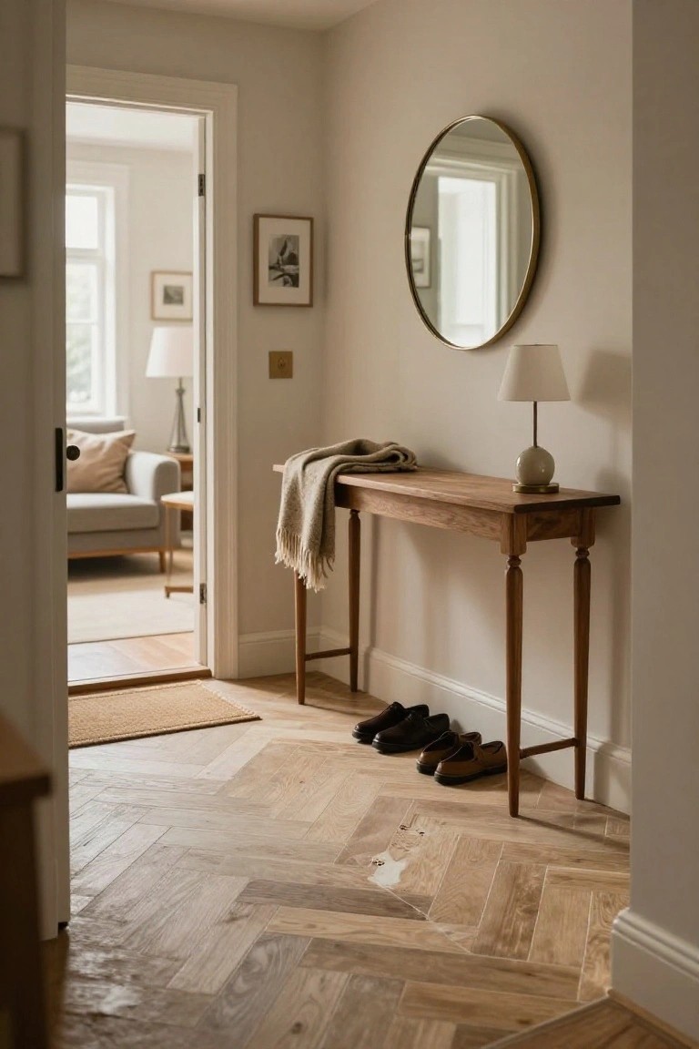 Hallway entrance with light herringbone parquet wood flooring, wooden console table draped with a throw and holding a lamp, round gold mirror on beige wall, pair of brown shoes on floor, open door to adjacent living room.