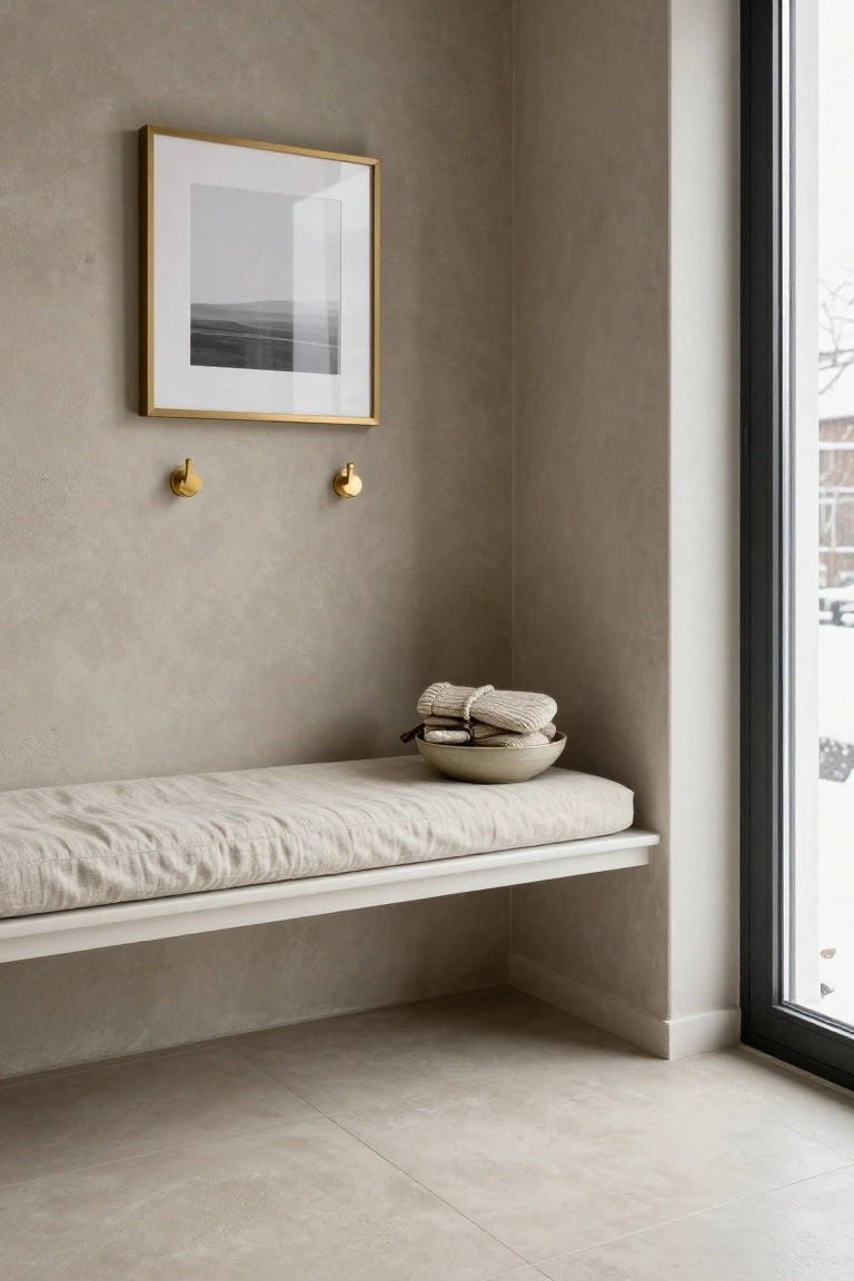 Beige textured walls and matching large-format floor tiles in a minimalist entrance with a built-in white bench topped by a linen cushion and bowl of towels, gold hooks, a framed abstract photo, and a floor-to-ceiling window overlooking snow.