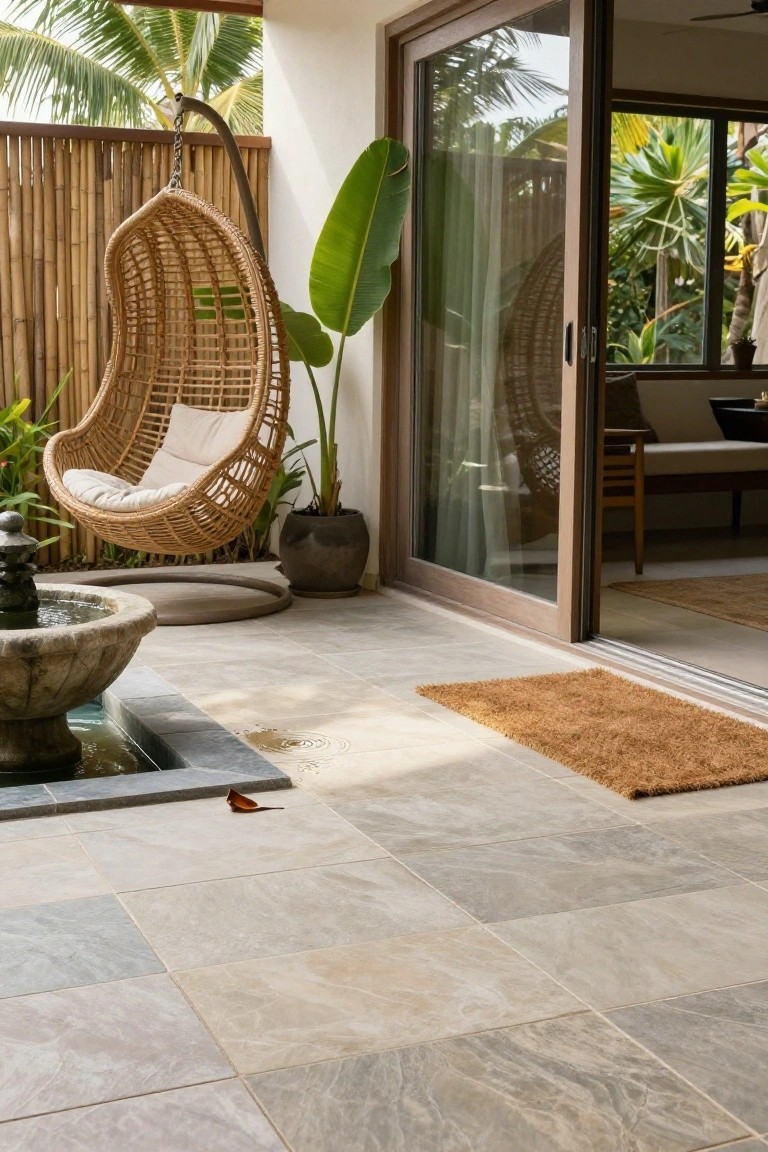 Outdoor patio floor in light gray veined porcelain tiles leading to open sliding glass doors, with a hanging woven swing chair, potted plants, stone fountain, bamboo fencing, and tropical greenery in the background.