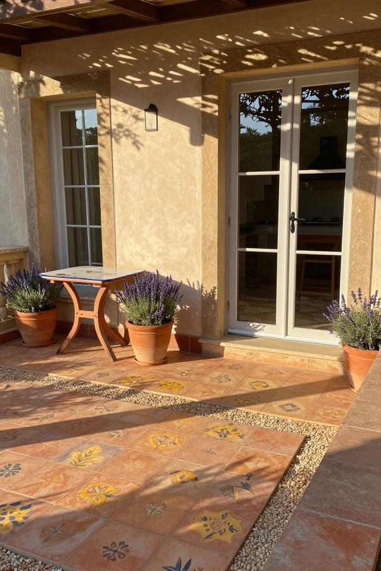 Outdoor entry patio with orange terracotta tiles featuring yellow floral and leaf patterns, two potted lavender plants flanking a small wooden table, gravel edging, and white-framed glass doors into a kitchen area.
