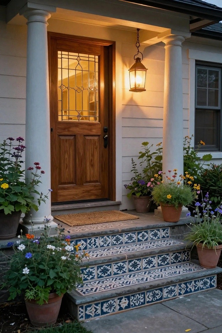 Front porch entrance with white columns, glass-paneled wooden door, hanging lantern, potted plants on either side, and blue patterned tile steps leading up to a woven mat.