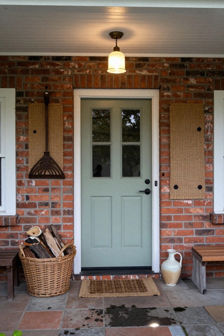 Front porch of brick house with sage green four-panel door, terracotta tile floor, wicker basket of firewood, antique rake on wall, ceramic jug, wood bench, and woven door mat.