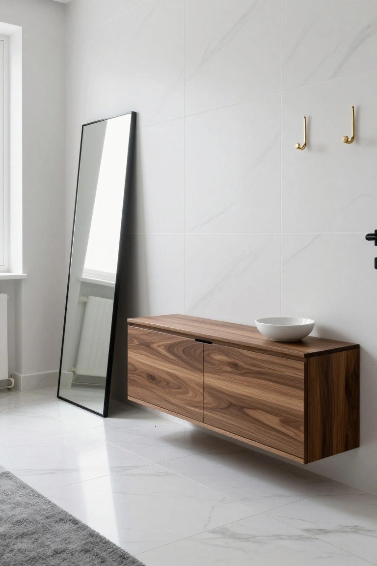 Modern interior space with white veined marble-look tiles on walls and floor, floating walnut wood cabinet with white bowl on top, tall black-framed full-length mirror, gold hooks on wall, radiator, and gray rug.