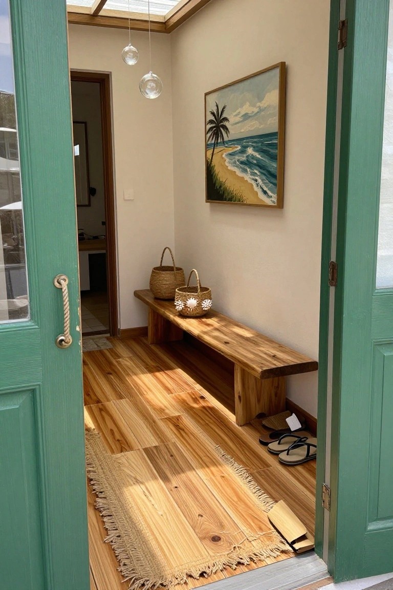 Open green double doors to a light-filled entryway with a wooden bench holding woven baskets and flip-flops, wooden plank floors, a beach painting on the wall, and hanging glass spheres from the ceiling.