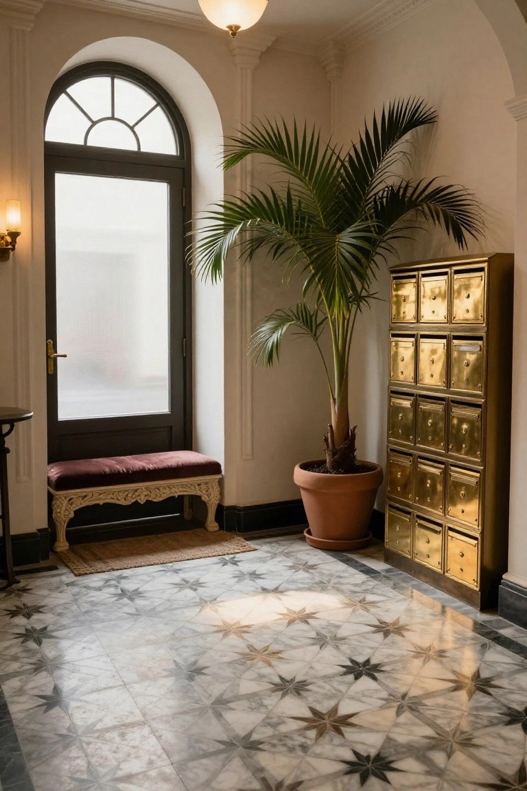 Light vestibule with arched black front door with frosted glass, potted palm plant, gold mailbox unit, carved wood bench with red cushion, small table, and white tile floor with gray star patterns.