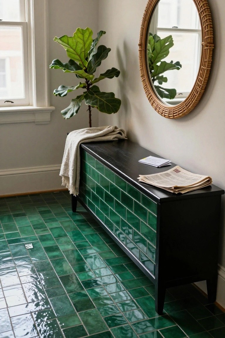 Corner of an indoor entryway featuring glossy emerald green square tiles on the floor and bench front, black wood bench with white throw blanket and newspapers, fiddle leaf fig plant by a window, and round rattan mirror on the wall.