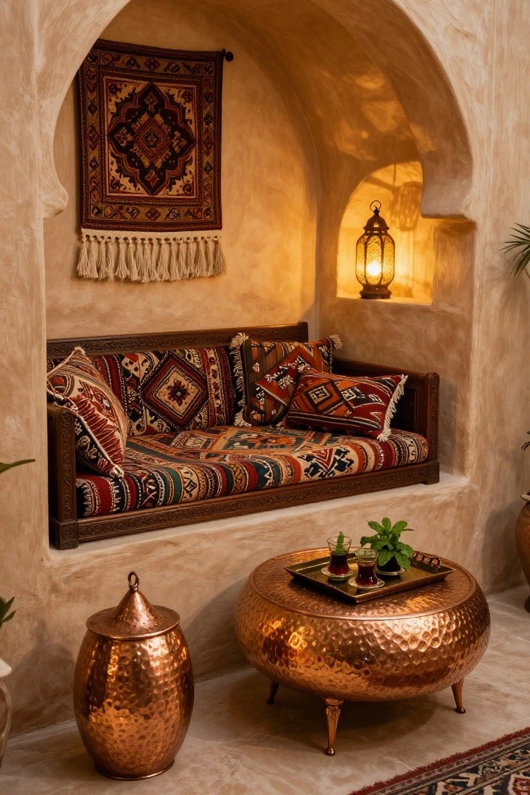 Arched beige alcove with wooden chaise lounge covered in colorful patterned cushions and fabrics, copper low table holding tea glasses and plant, hanging lantern, wall hanging, and potted plants.