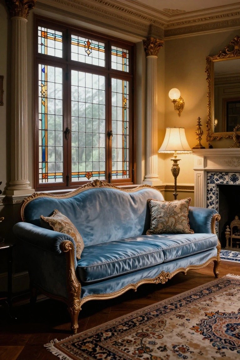 Blue velvet chaise lounge sofa with ornate gilded legs and arms in a traditional interior room featuring stained glass windows, columns, lamps, and a fireplace.