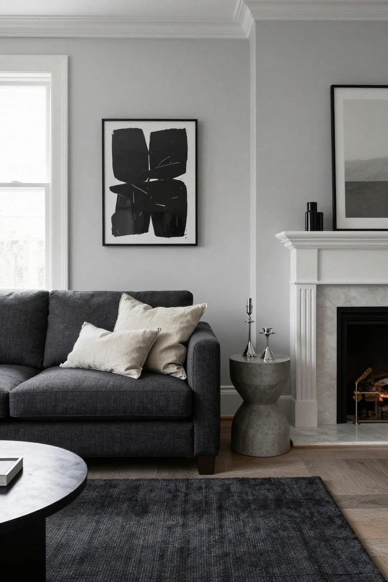 Dark gray fabric sofa with beige linen pillows in a light gray living room next to a white marble fireplace with burning logs, flanked by abstract black-and-white artwork on walls, a gray concrete side table, black coffee table, and dark rug on oak floors.