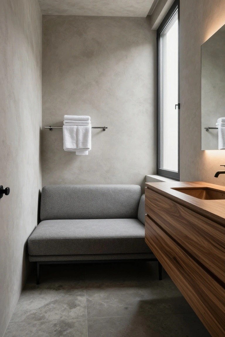 Gray fabric chaise lounge positioned in corner of minimalist bathroom next to wooden vanity sink, with white towels on wall rail, large window, and neutral plaster walls and stone floor.