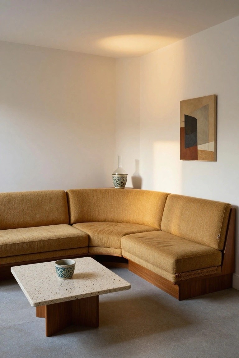 Mustard fabric curved modular L-shaped sofa with wooden frame in a white corner room, paired with square terrazzo coffee table holding a blue and white cup, green vase on floor, and abstract geometric artwork on wall.