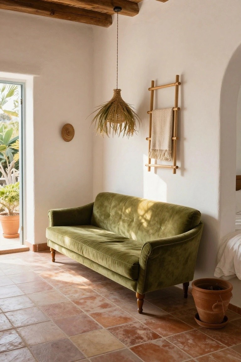Green velvet curved sofa on wooden legs in a white-walled room with terracotta tile floor, wooden ladder rack with towel, woven pendant lamp, and open door showing plants outside.