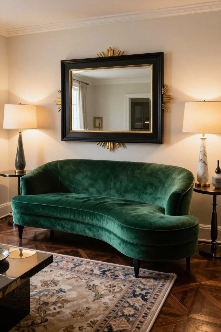 Curved emerald green velvet chaise lounge sofa in a living room with beige walls, two ceramic lamps on side tables, large black and gold sunburst mirror, glass coffee table, and patterned rug on parquet wood floor.