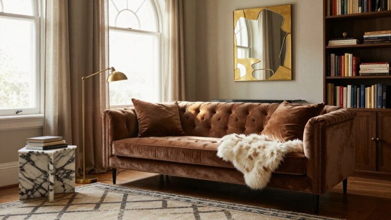 Gray velvet tufted sofa with pillows, sheepskin throw, marble coffee table, bookshelves, floor lamp, and window in a light-colored living room.