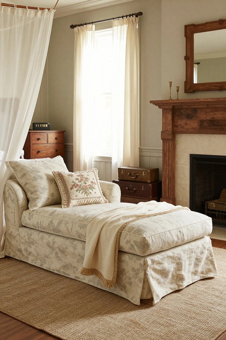 Beige floral slipcovered chaise lounge with embroidered pillows and white throw blanket in a light gray bedroom corner next to wooden fireplace and dresser.