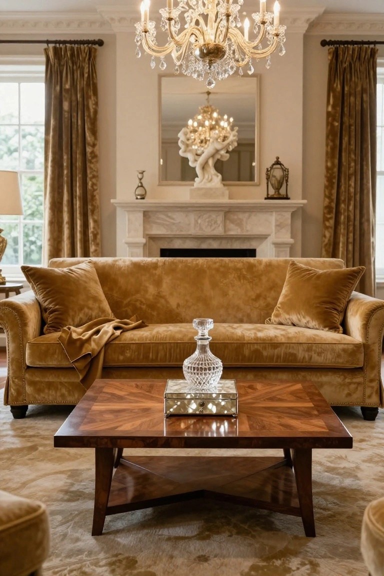 Gold velvet tufted sofa with chaise lounge on a patterned wood coffee table in a living room with marble fireplace, chandelier, mirror, and taupe drapes.