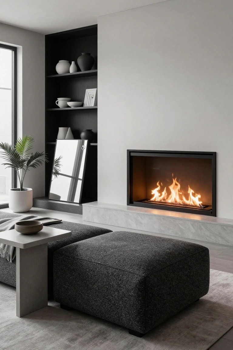 Modern living room with black-framed linear gas fireplace on white marble hearth, large gray fabric-covered cube ottoman on gray rug, low concrete side table with bowl and throw, potted palm plant, tall mirror, and built-in black shelving with white ceramics.