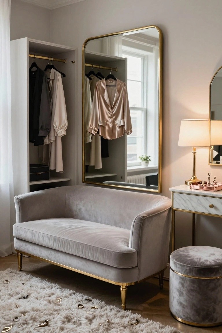 Light gray velvet chaise lounge with curved arms and gold legs positioned in front of a large gold-framed mirror, beside an open white wardrobe with hanging clothes and a marble-topped vanity table in a neutral room.