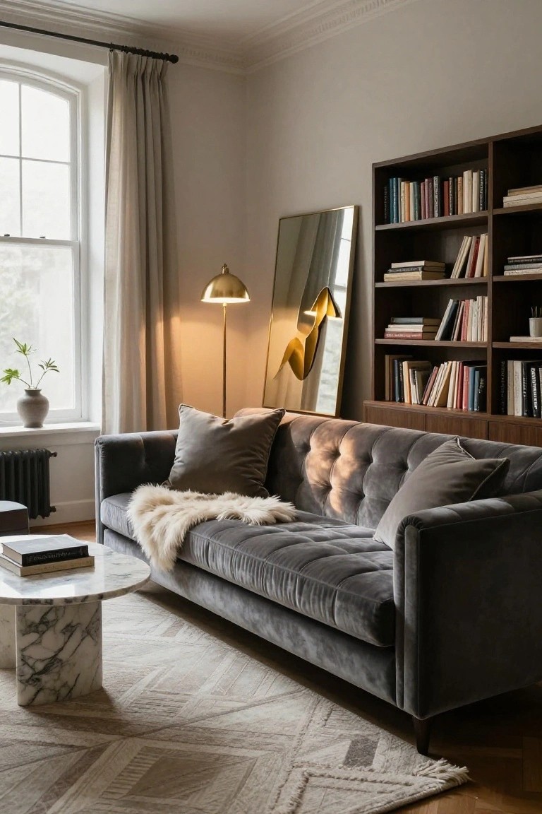 Gray velvet tufted sofa with pillows, sheepskin throw, marble coffee table, bookshelves, floor lamp, and window in a light-colored living room.