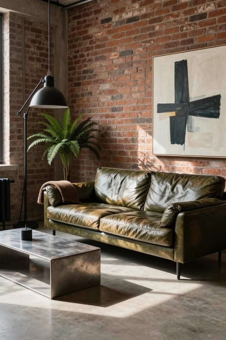 Green leather sofa with throw blanket against exposed brick wall in industrial-style room with tall potted plant, black floor lamp, pendant light, abstract wall art, metal coffee table, and concrete floor.