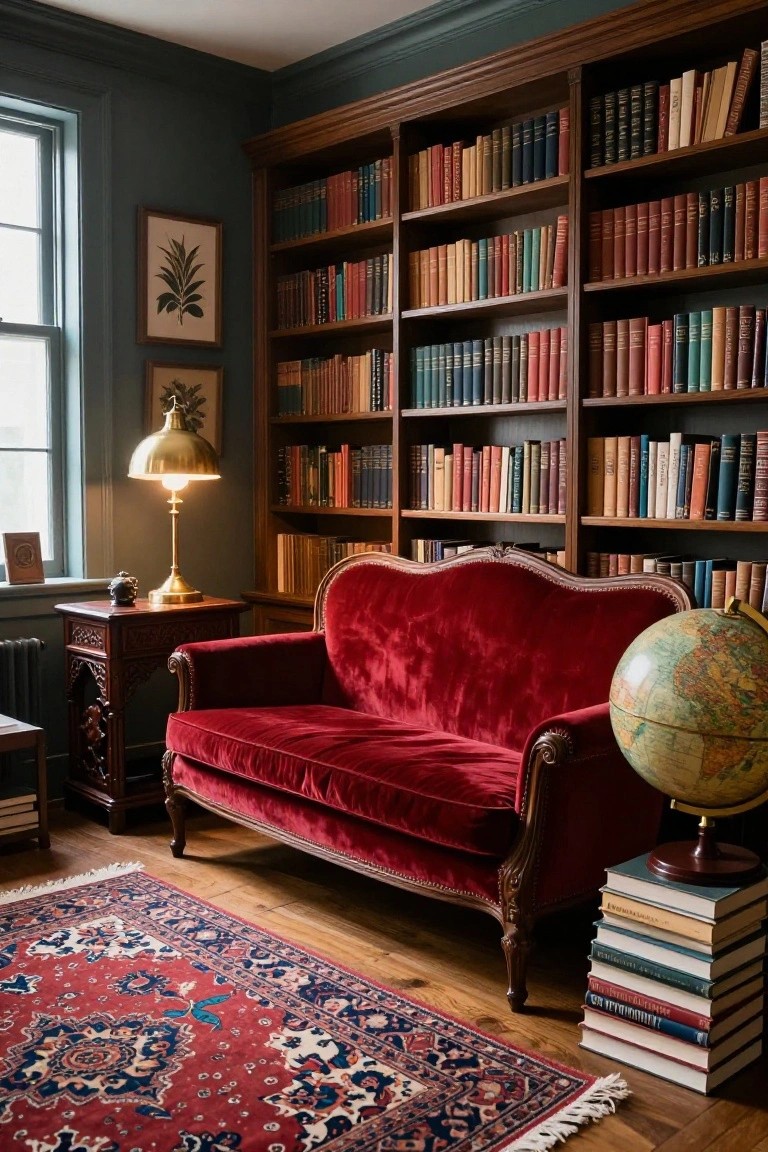 Cozy library room with dark wood floor-to-ceiling bookshelves filled with colorful books, red velvet curved loveseat sofa, brass lamp on wood side table, globe on floor, Persian rug, and green walls.