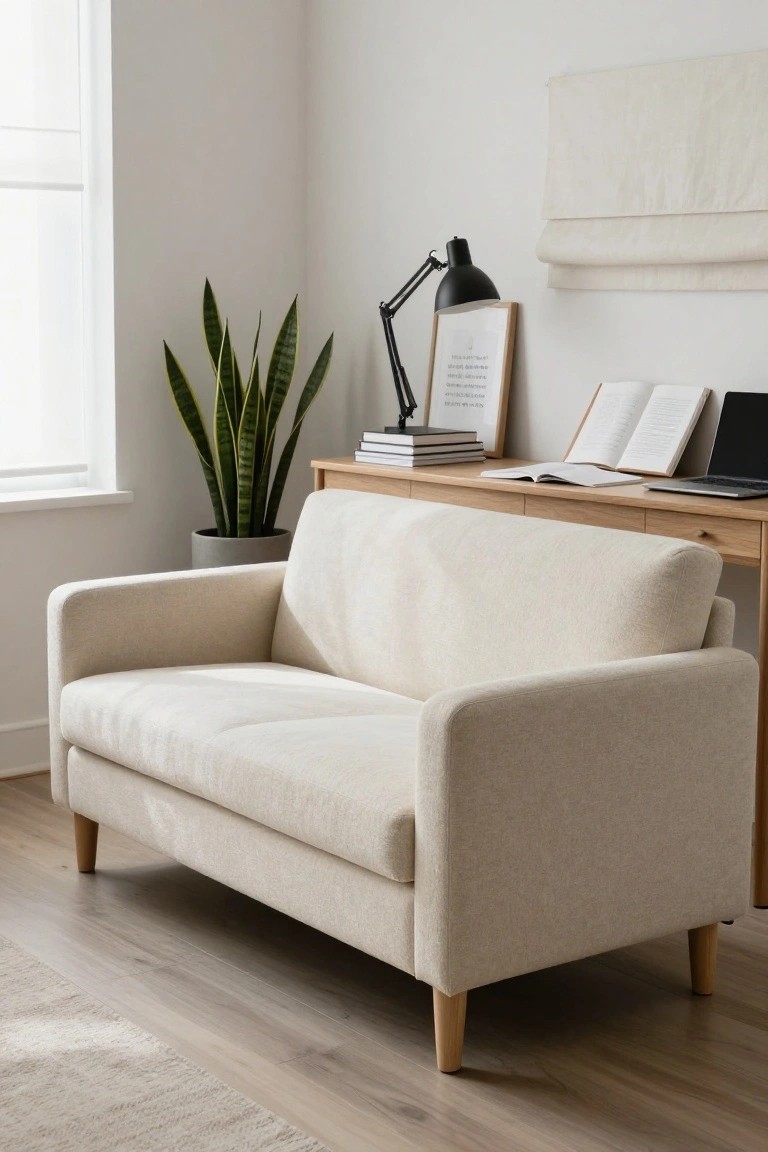 A light beige two-seater sofa with wooden legs next to an oak desk holding books, a laptop, and a desk lamp, with a snake plant in a gray pot in a bright white room.