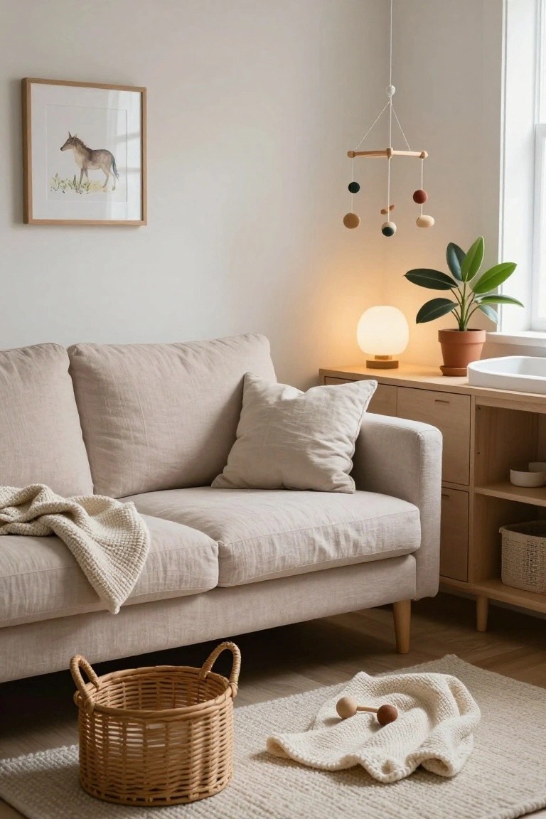Beige linen sofa with chaise lounge section in a light-colored nursery room, featuring pillows, a draped blanket, wooden toy mobile, potted plant, and changing station on wooden furniture.