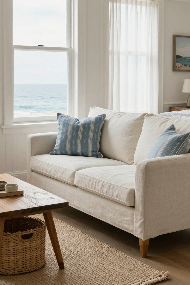 White linen sofa with blue striped pillows on a hardwood floor next to wooden coffee table in a bright living room with large windows overlooking the ocean.
