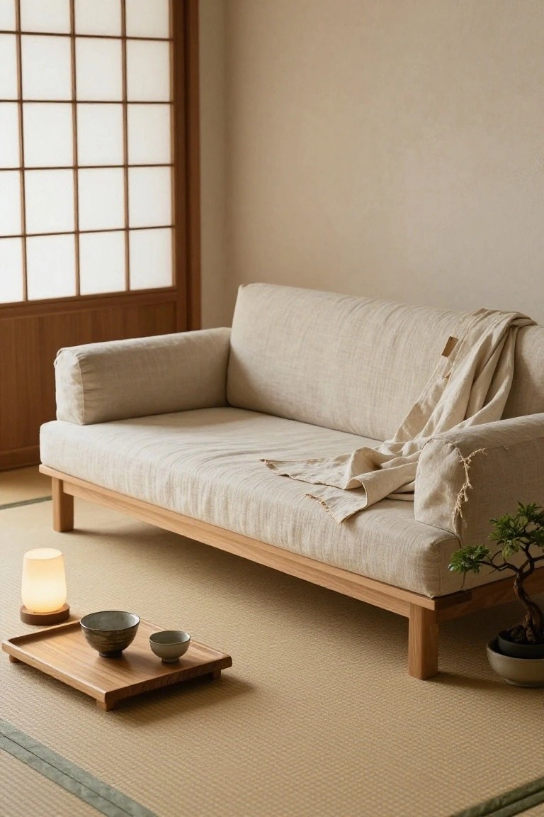 Beige linen low-profile sofa with wooden frame and legs in a Japanese-style room featuring shoji screens, tatami flooring, a wooden tray holding two ceramic bowls, a lit lamp, and a potted bonsai plant.